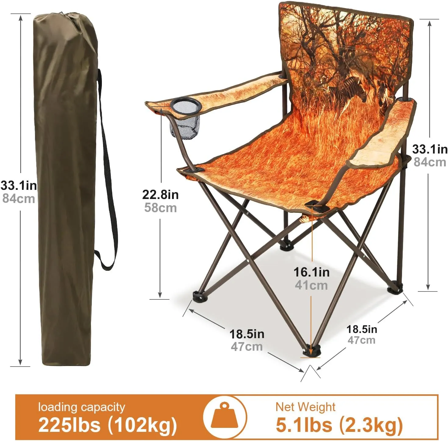 2Pack Folding Camping Chairs Portable Animal Print Collapsible Hunting Chair for Outdoor Travel, Patio, Beach, Fishing - Zebra