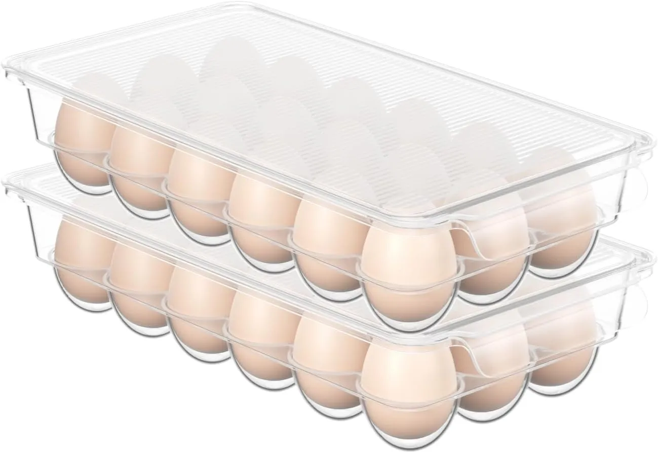 2Pack Kitchen Rolling Egg Container for Refrigerator with Lid - Stackable Plastic Egg Holder for Refrigerator - Egg Tray for Refrigerator or Fridge Organizer