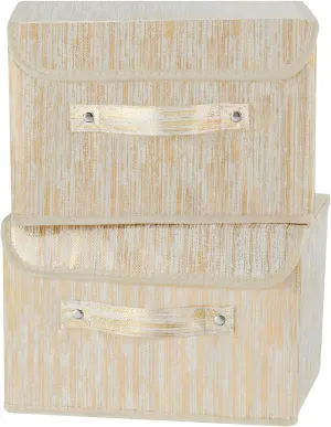 2PCS Decorative Storage Boxes with Lid Luxury Metallic Fabric Storage Bins Organizer Container Collapsible Shelf Basket with Handles for Home Bedroom Closet Office (Gold, Small Size)
