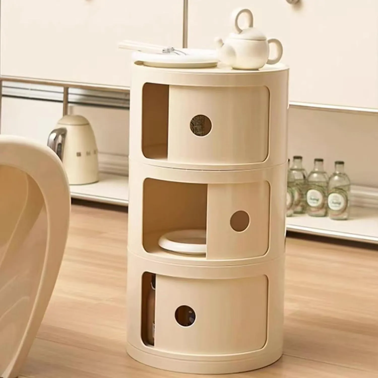 3 Drawers Round Nightstand with Storage, White Side Table Plastic Round Nightstand 3 Tier Small Drawers for Bathroom, Bedroom