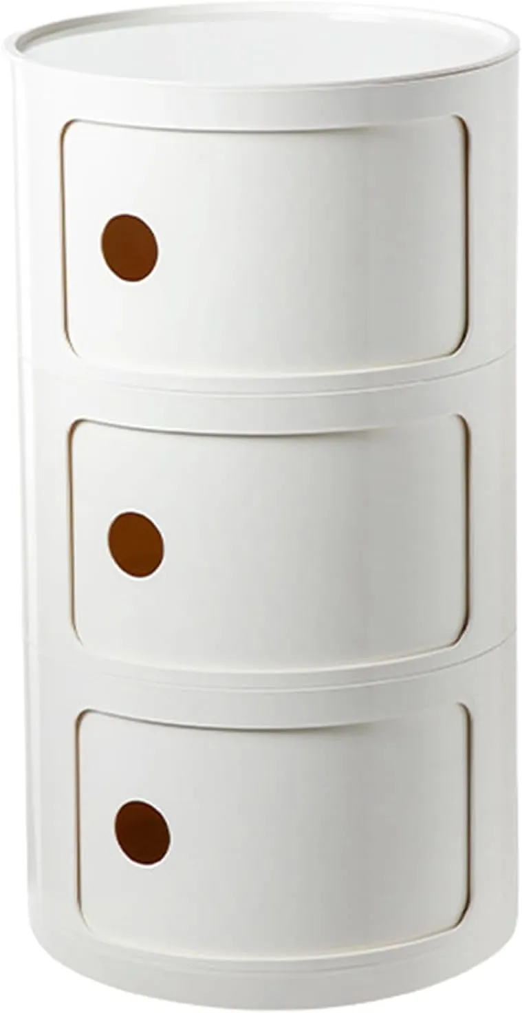 3 Drawers Round Nightstand with Storage, White Side Table Plastic Round Nightstand 3 Tier Small Drawers for Bathroom, Bedroom