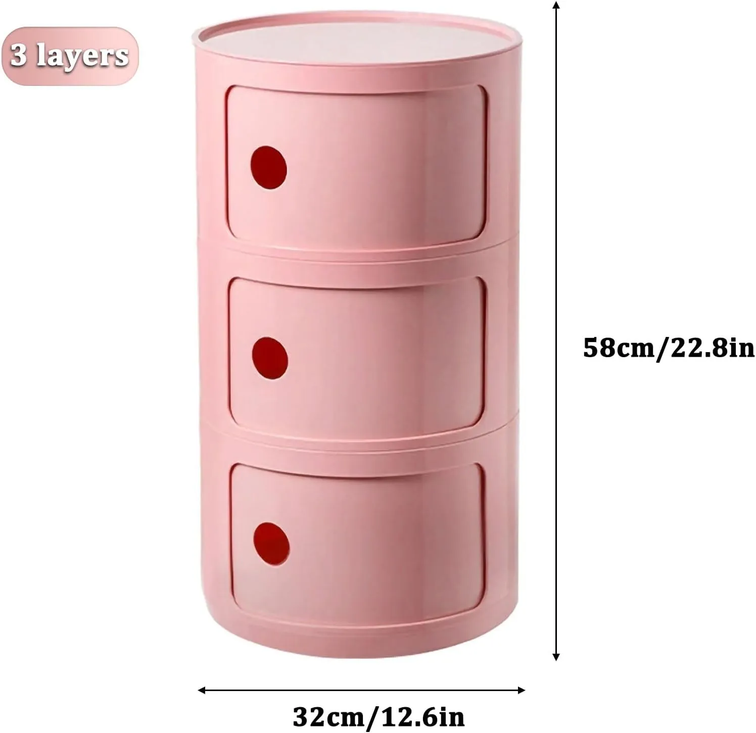 3 Tier Round Nightstand with Drawer, Pink Plastic Nightstand Round Side Table with Storage for Bathroom, Bedroom