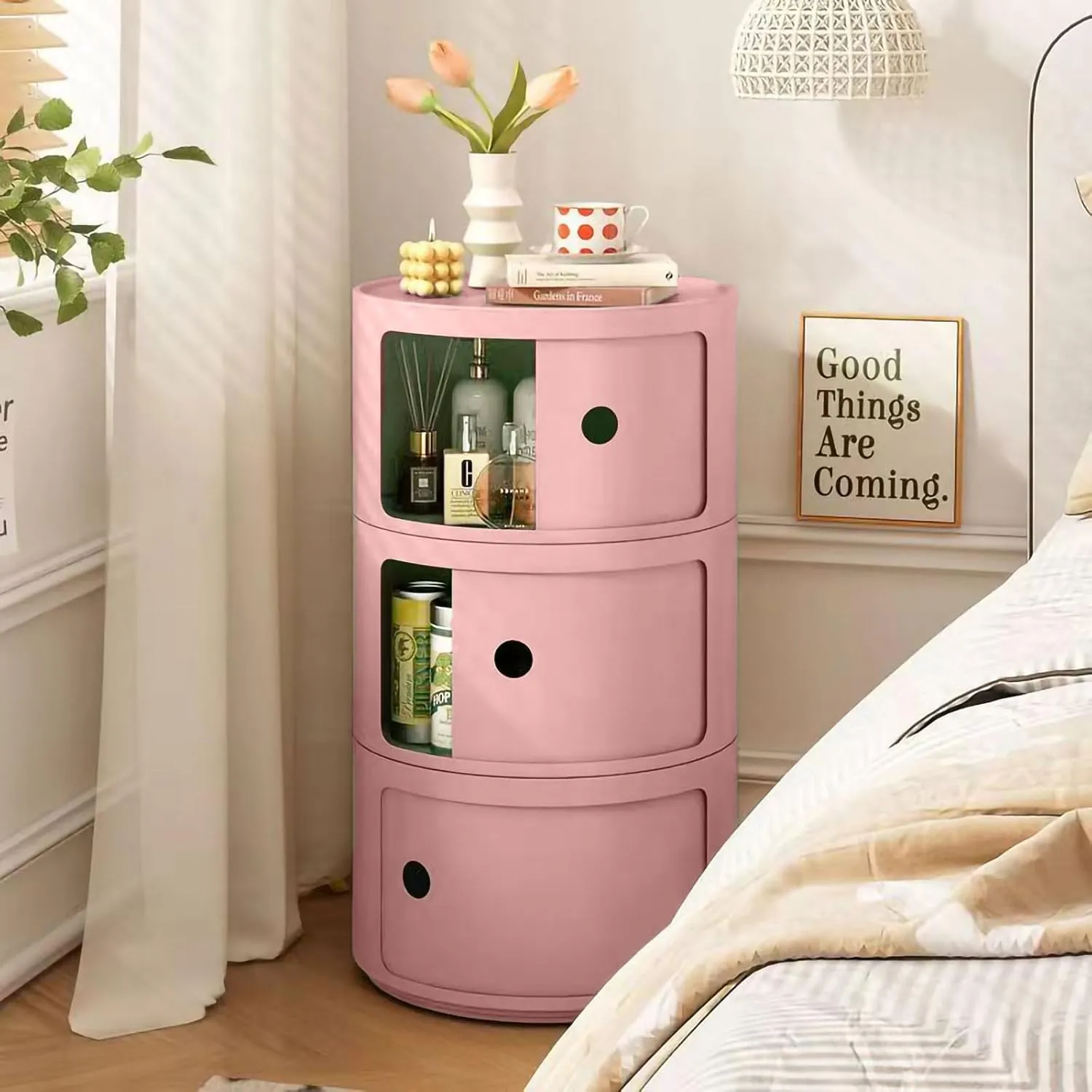 3 Tier Round Nightstand with Drawer, Pink Plastic Nightstand Round Side Table with Storage for Bathroom, Bedroom