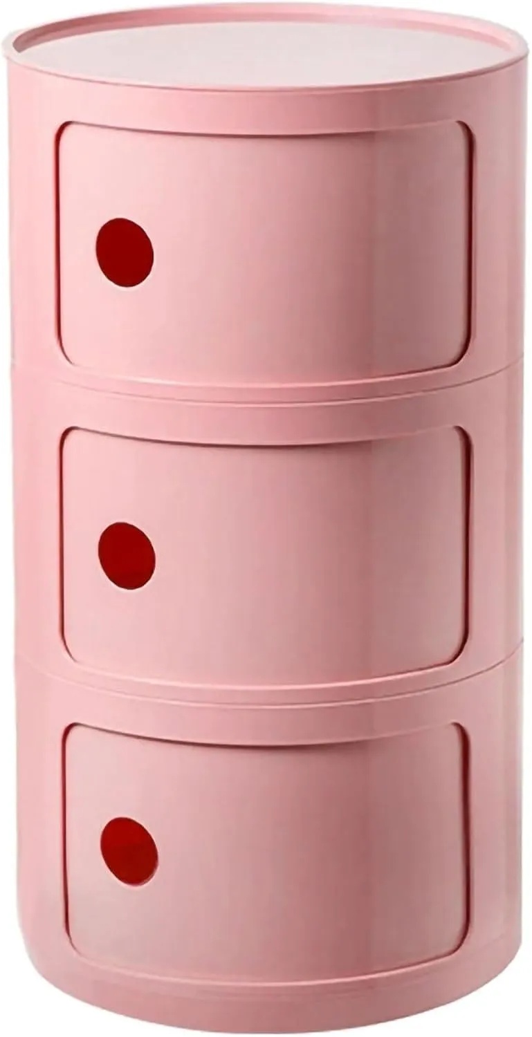 3 Tier Round Nightstand with Drawer, Pink Plastic Nightstand Round Side Table with Storage for Bathroom, Bedroom