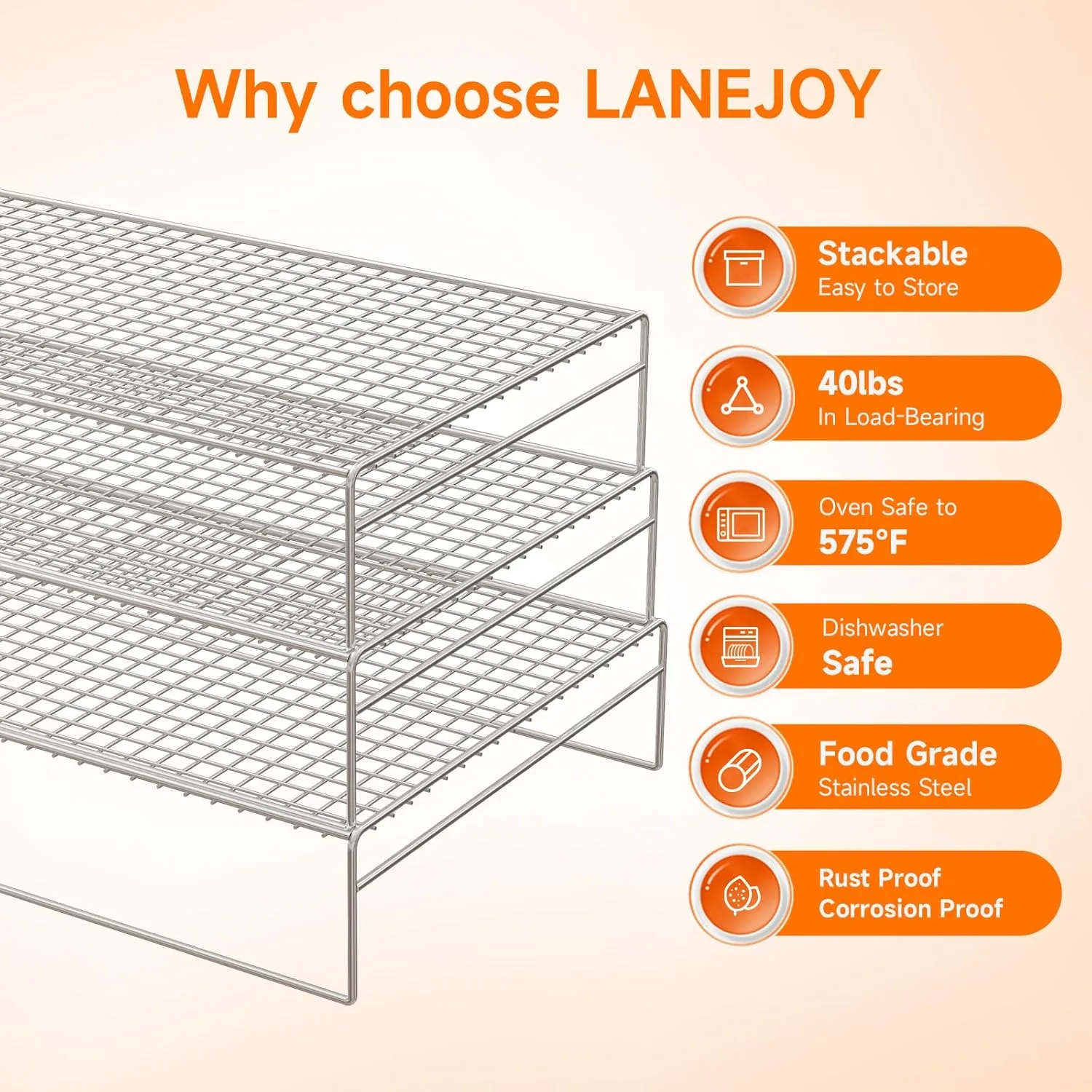 3-Tier Stackable Cooling Racks for Cooking and Baking Stainless Steel Wire Cooling rack Oven & Dishwasher Safe (15 * 10 * 3 inch LYW03)