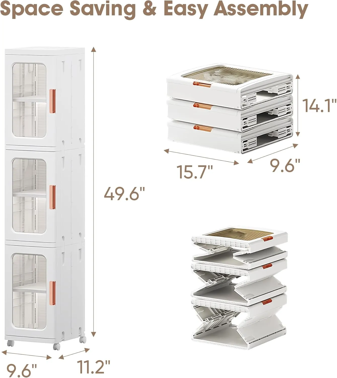 3-Tiers Slim Bathroom Storage Cabinet, Plastic Narrow Storage Organizer with Doors and Shelves, Movable Waterproof Bathroom Floor Cabinet for Small Spaces, Kitchen, Laundry, Office, Bedroom