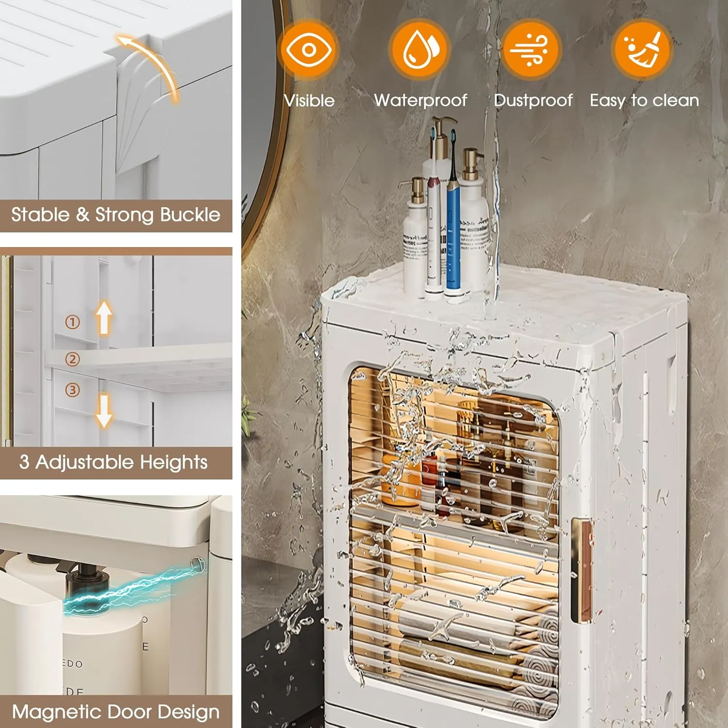 3-Tiers Slim Bathroom Storage Cabinet, Plastic Narrow Storage Organizer with Doors and Shelves, Movable Waterproof Bathroom Floor Cabinet for Small Spaces, Kitchen, Laundry, Office, Bedroom