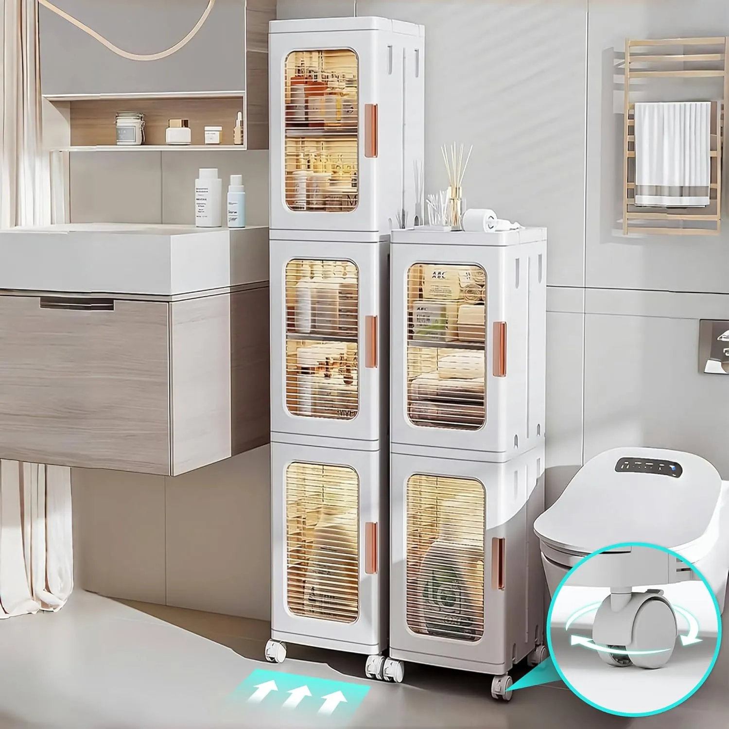 3-Tiers Slim Bathroom Storage Cabinet, Plastic Narrow Storage Organizer with Doors and Shelves, Movable Waterproof Bathroom Floor Cabinet for Small Spaces, Kitchen, Laundry, Office, Bedroom