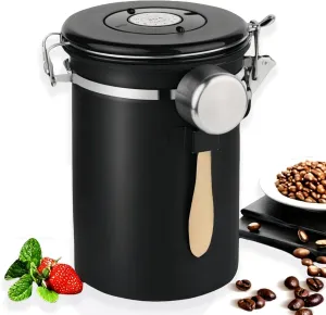 304 Stainless Steel Airtight Coffee Canister 1.8L (22 oz) - Locking Lid Kitchen Storage Container for Coffee Beans & Grounds, Includes Measuring Scoop, Black