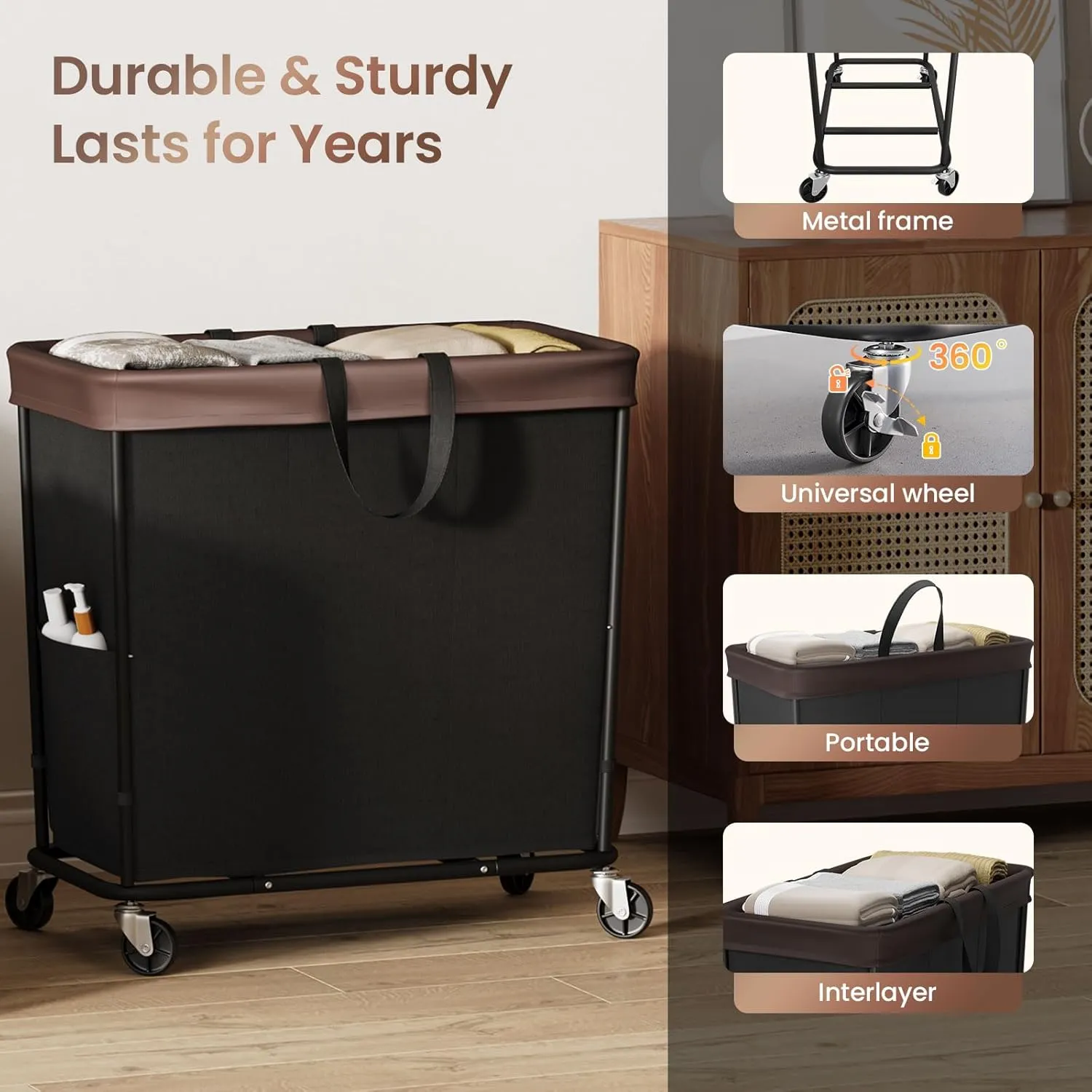 320L Laundry Basket with Wheels, 3-Section Rolling Hamper for Laundry, Extra Large Laundry Hamper with Wheels, Clothes Hamper Rolling Laundry Basket for Home, Bathrooms and Dorm(Black)