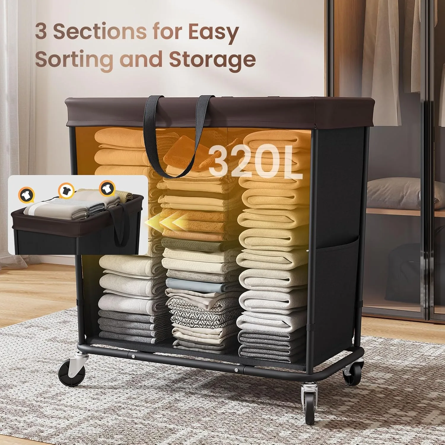 320L Laundry Basket with Wheels, 3-Section Rolling Hamper for Laundry, Extra Large Laundry Hamper with Wheels, Clothes Hamper Rolling Laundry Basket for Home, Bathrooms and Dorm(Black)