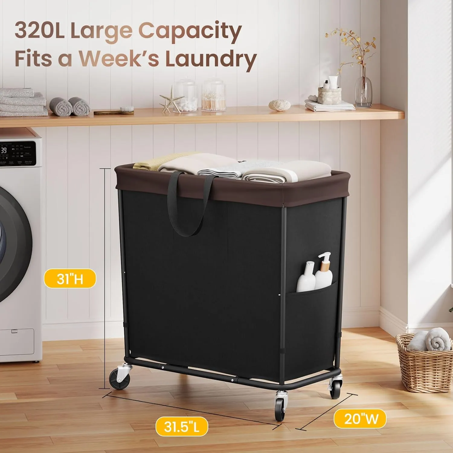 320L Laundry Basket with Wheels, 3-Section Rolling Hamper for Laundry, Extra Large Laundry Hamper with Wheels, Clothes Hamper Rolling Laundry Basket for Home, Bathrooms and Dorm(Black)