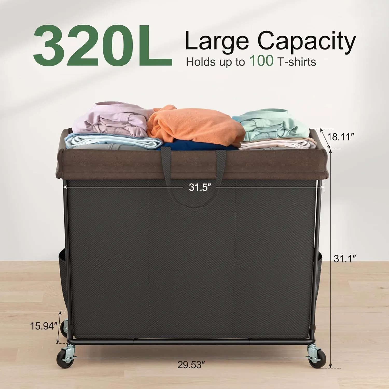 320L Laundry Hamper with Wheels, 3 Section Large Rolling Laundry Basket Bag with Wheels, Clothes Hamper Cart for Laundry, Bedroom, Bathroom and Dorm