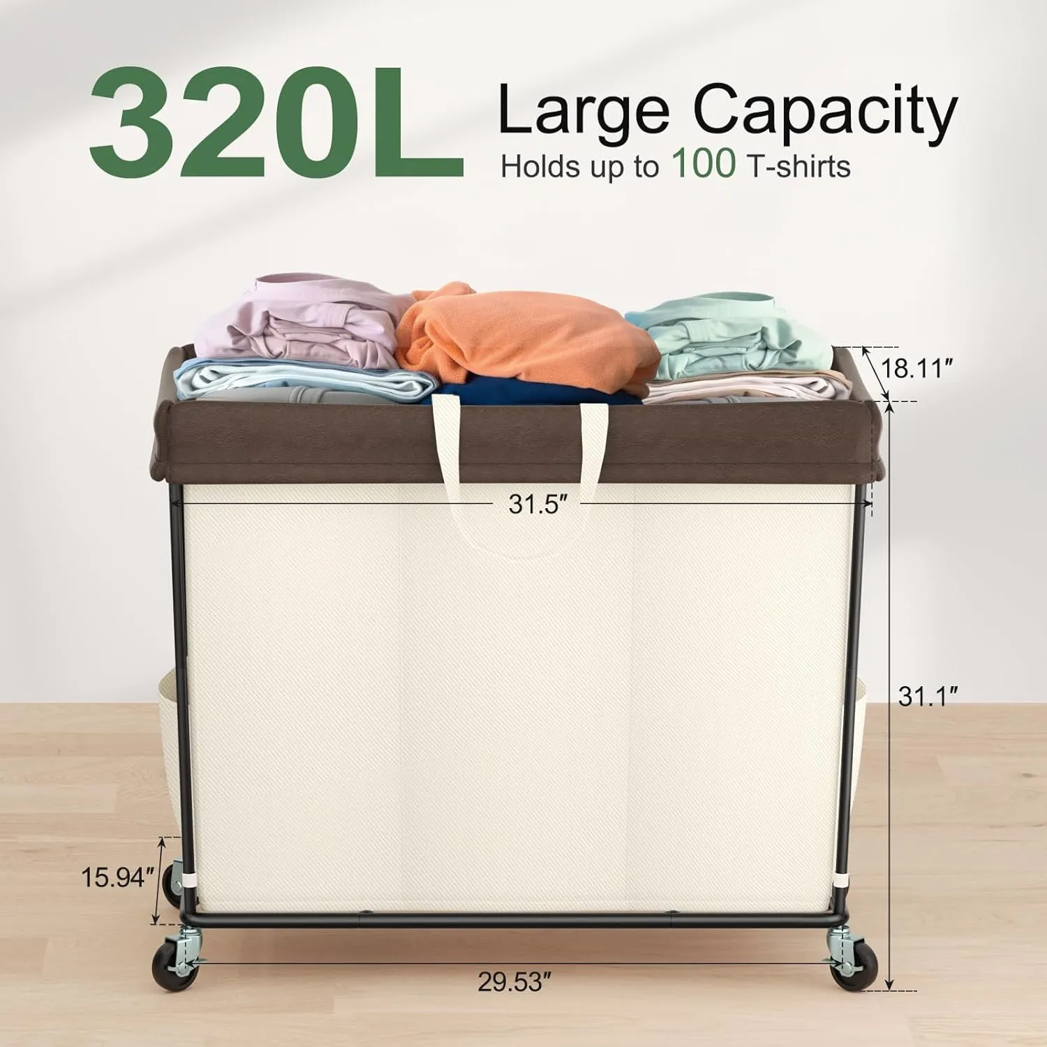 320L Laundry Hamper with Wheels, 3 Section Large Rolling Laundry Basket Bag with Wheels, Clothes Hamper Cart for Laundry, Bedroom, Bathroom and Dorm