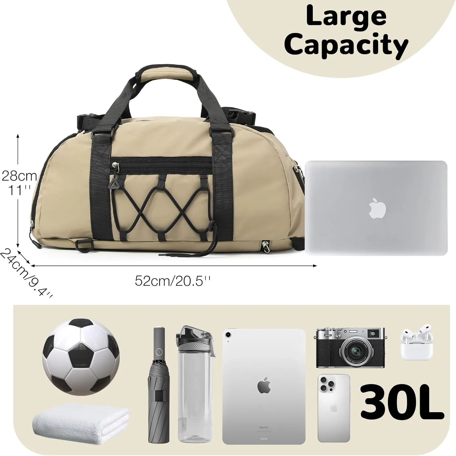 35L Khaki Mens Gym Bag with Shoe Compartment, Sports Duffle Bag for Men, Carry on Duffle Bags for Airplanes, Workout Bags for Gym Women, Weekender Overnight Duffle Backpack
