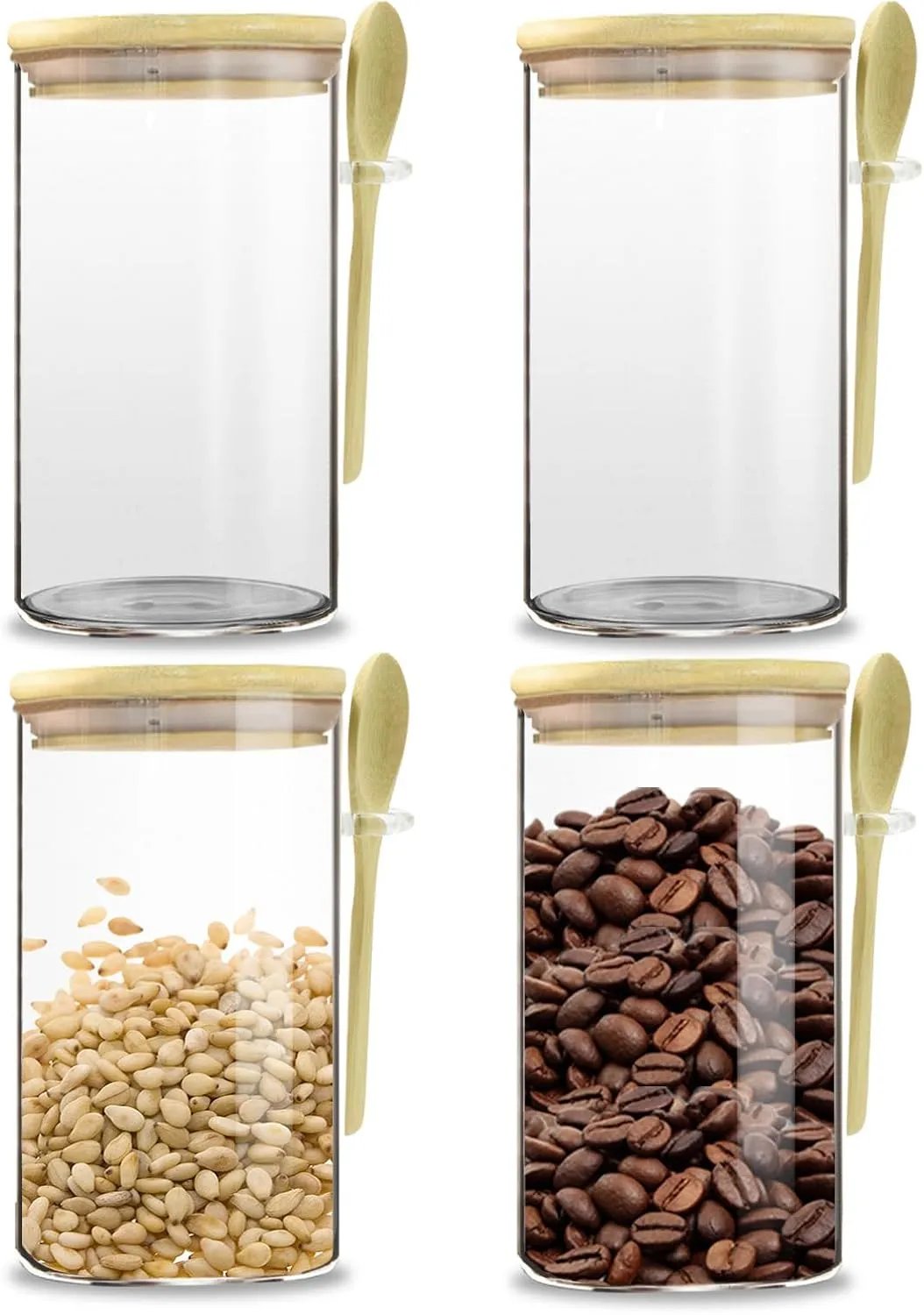 35oz glass seal jar storage container,with bamboo lid and spoon wide mouth, leak-proof, reusable, can be used for coffee beans, tea leaves, grains, dried fruits, etc (3.9 * 5.7inch*4)