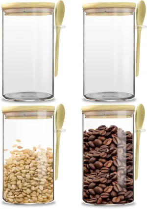 35oz glass seal jar storage container,with bamboo lid and spoon wide mouth, leak-proof, reusable, can be used for coffee beans, tea leaves, grains, dried fruits, etc (3.9 * 5.7inch*4)