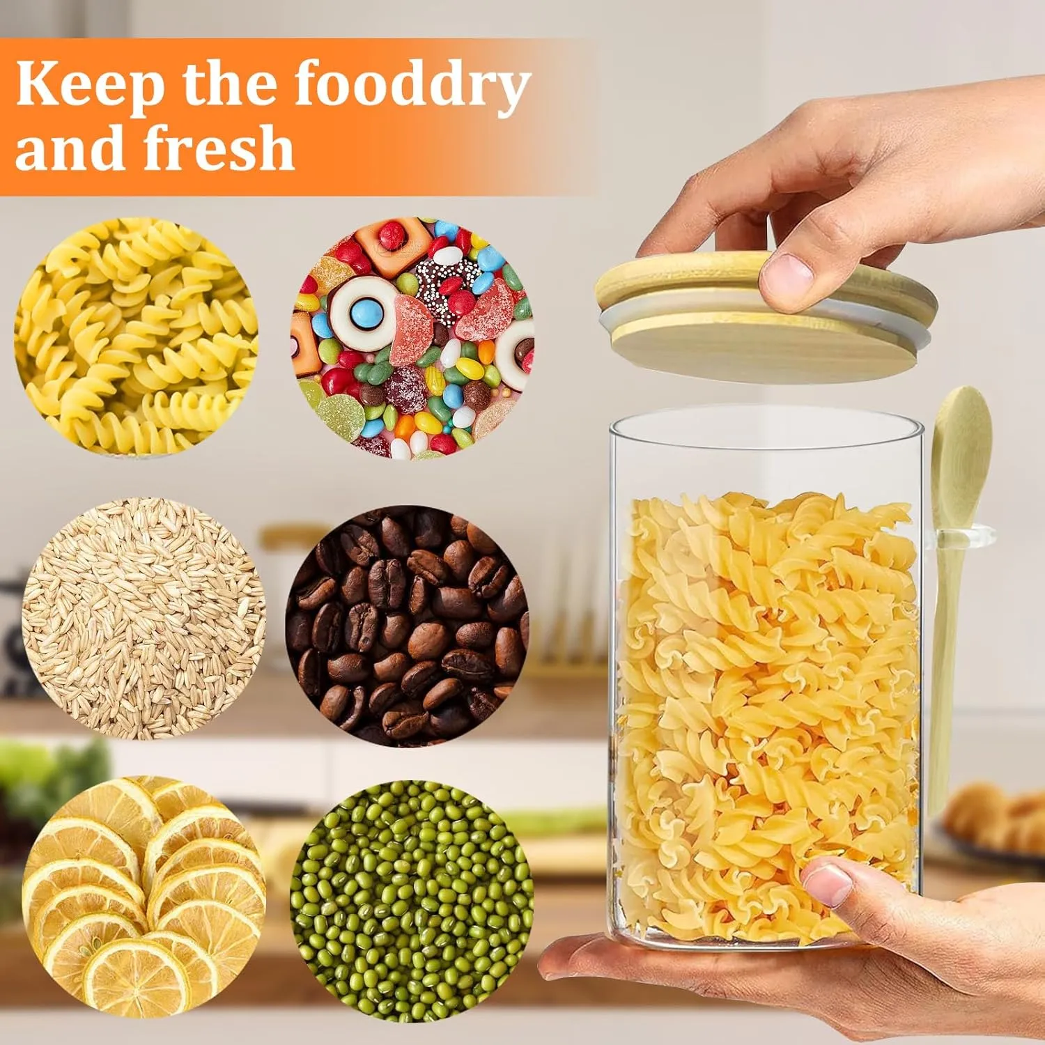 35oz glass seal jar storage container,with bamboo lid and spoon wide mouth, leak-proof, reusable, can be used for coffee beans, tea leaves, grains, dried fruits, etc (3.9 * 5.7inch*4)