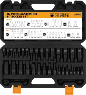 36-Piece One-Piece Hex Bit Socket Set includes Socket Adapter, 1/4", 3/8", 1/2", Cr-V Steel, SAE and Metric Set, Reinforced Storage Case, Automotive Mechanic Professional Master Tool Set