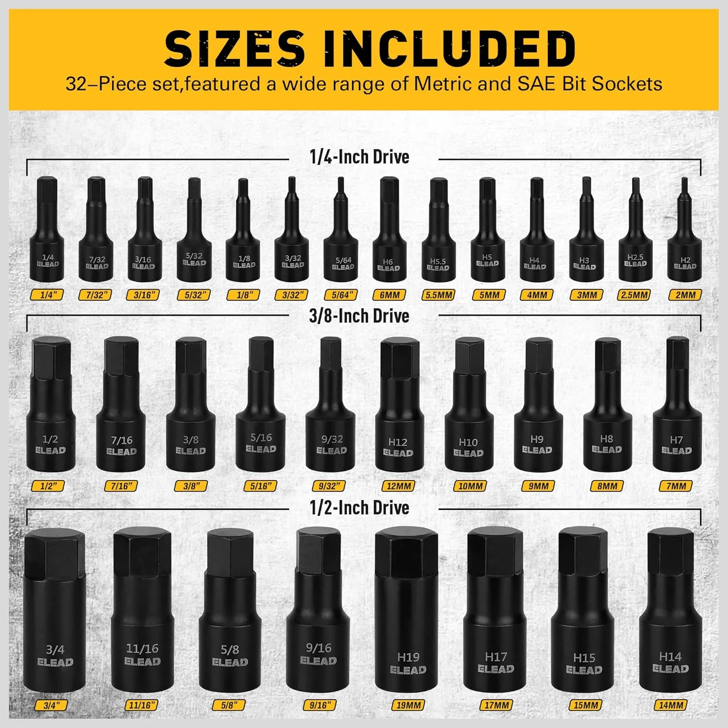 36-Piece One-Piece Hex Bit Socket Set includes Socket Adapter, 1/4", 3/8", 1/2", Cr-V Steel, SAE and Metric Set, Reinforced Storage Case, Automotive Mechanic Professional Master Tool Set