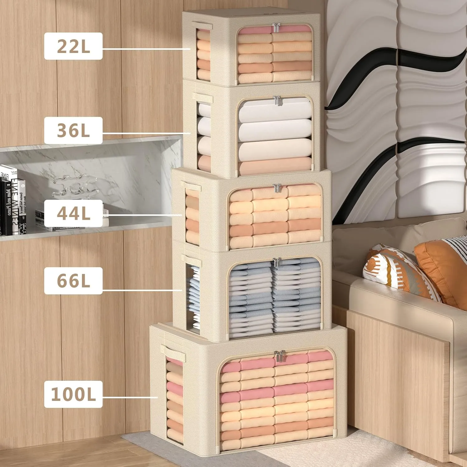 3Pack Frame Storage Box - Clothes Storage Bin Bags Oxford Fabric Foldable Stackable Container Organizer Set with Clear Window & Carry Handles (Beige, X-Small-36L)