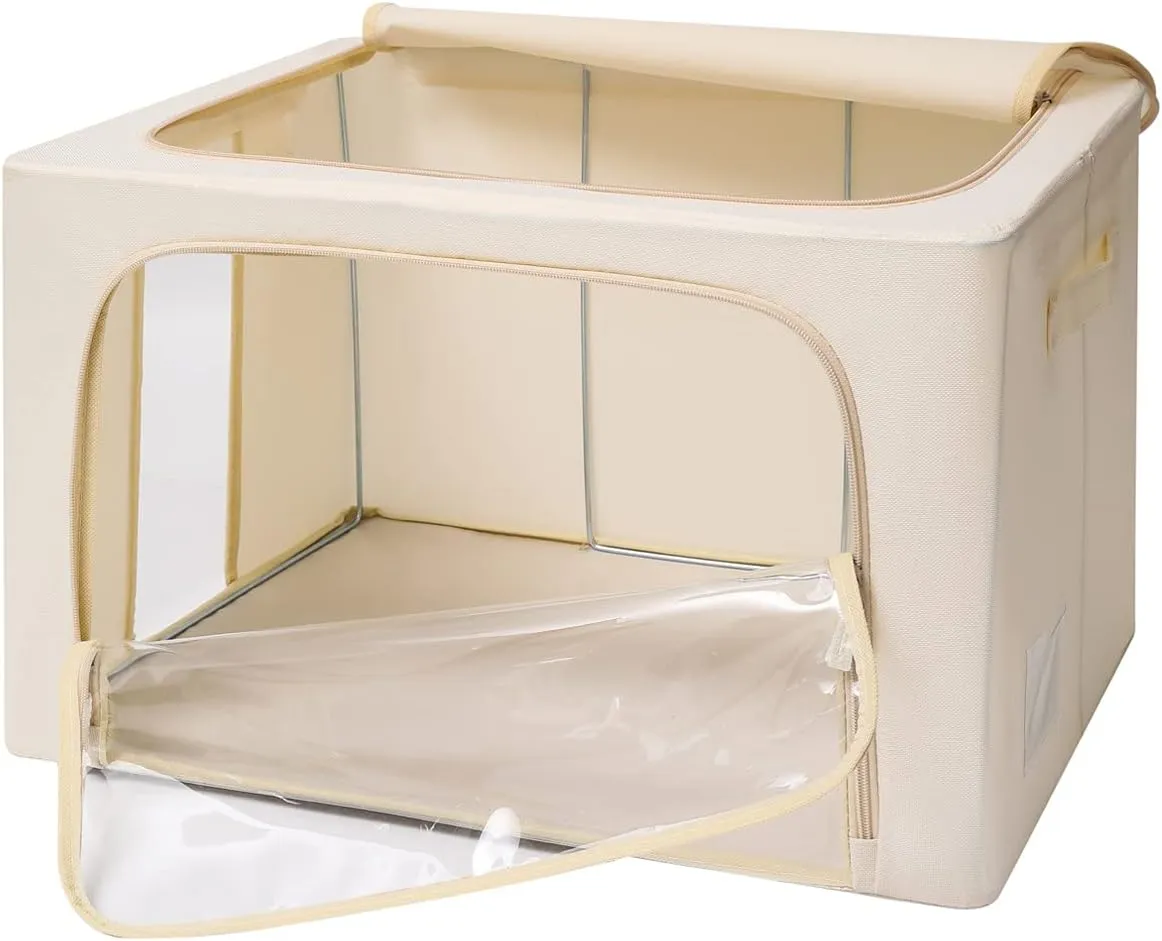 3Pack Frame Storage Box - Clothes Storage Bin Bags Oxford Fabric Foldable Stackable Container Organizer Set with Clear Window & Carry Handles (Beige, X-Small-36L)