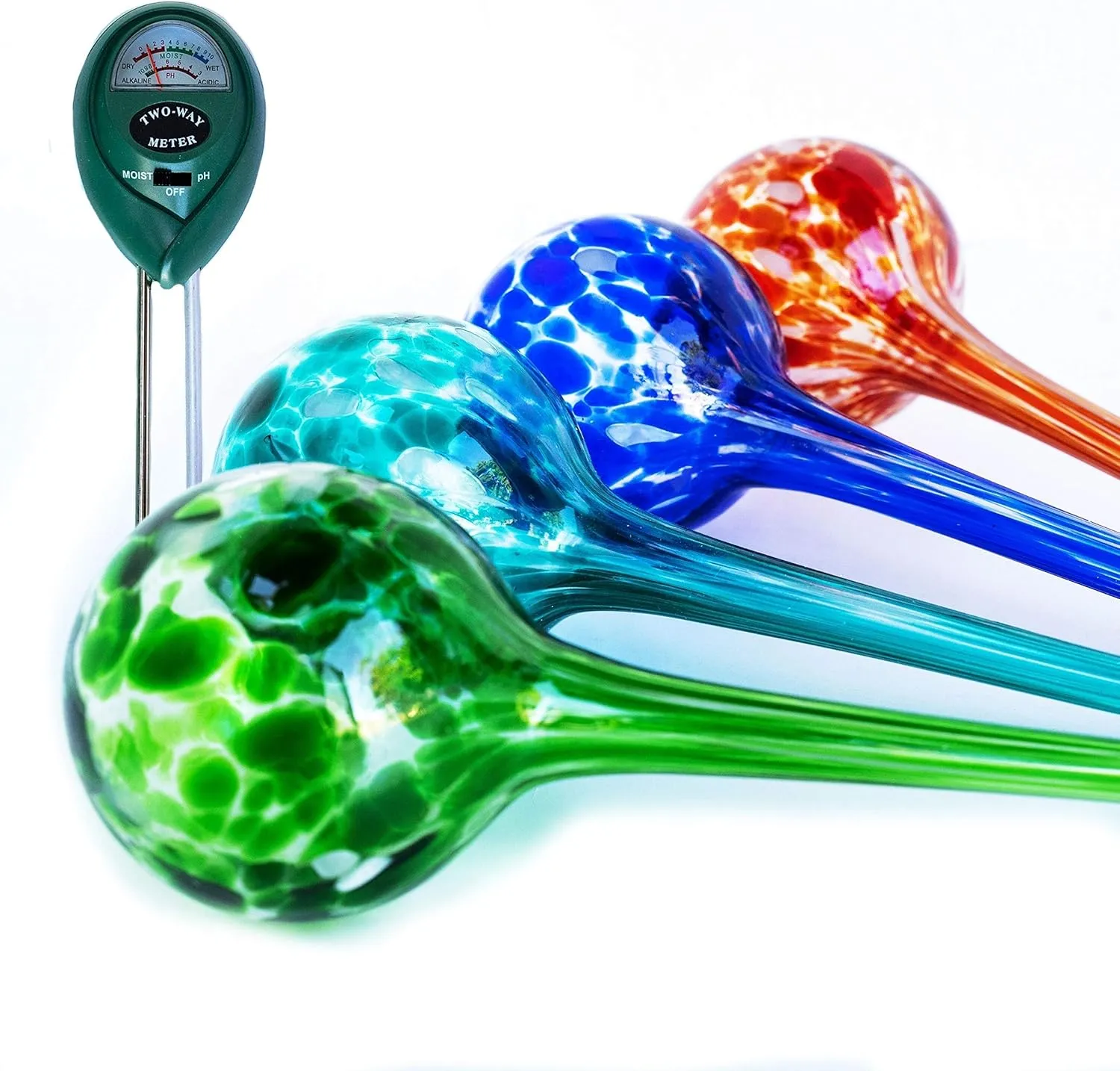 4 Large Plant Watering Globes - Plant Watering Devices - Plant Watering Bulbs - Self Watering Spikes - Self Watering Planter Insert - Hand Blown Glass - Free Moisture Meter by Cotswold Homeware