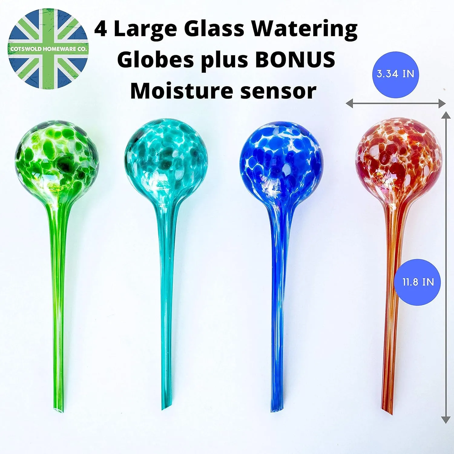 4 Large Plant Watering Globes - Plant Watering Devices - Plant Watering Bulbs - Self Watering Spikes - Self Watering Planter Insert - Hand Blown Glass - Free Moisture Meter by Cotswold Homeware