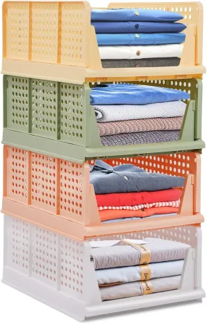 4-Pack Folding Wardrobe Storage Box Plastic Drawer Organizer Stackable Shelf Baskets Cloth Closet Container Bin Cube Home Office Bedroom Laundry Drawer Dividers for Clothes Toy Organization (Colorful)