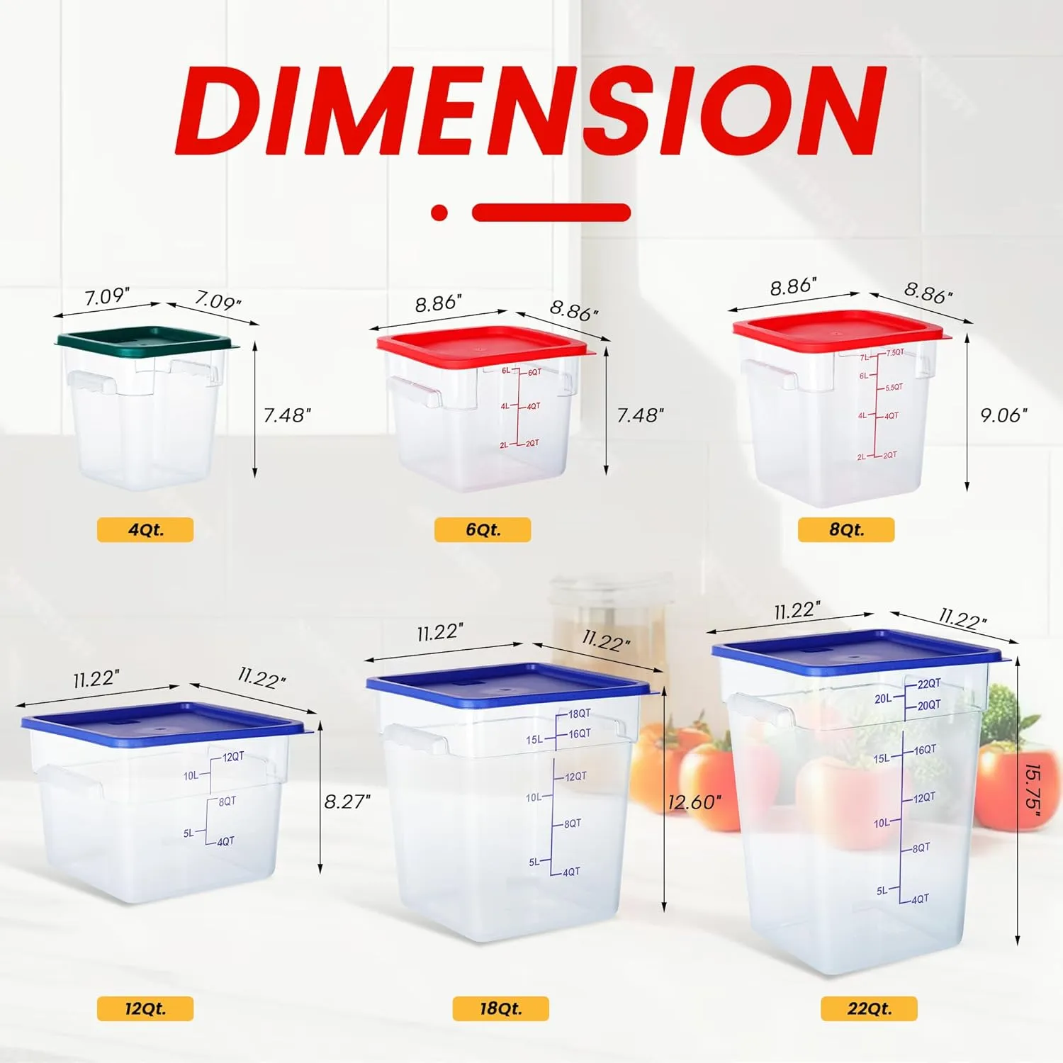 4 Pack Food Storage Containers, 6 Quart with Lids, Square Commercial Containers with Scale, Clear NSF Food Organizing, Polycarbonate