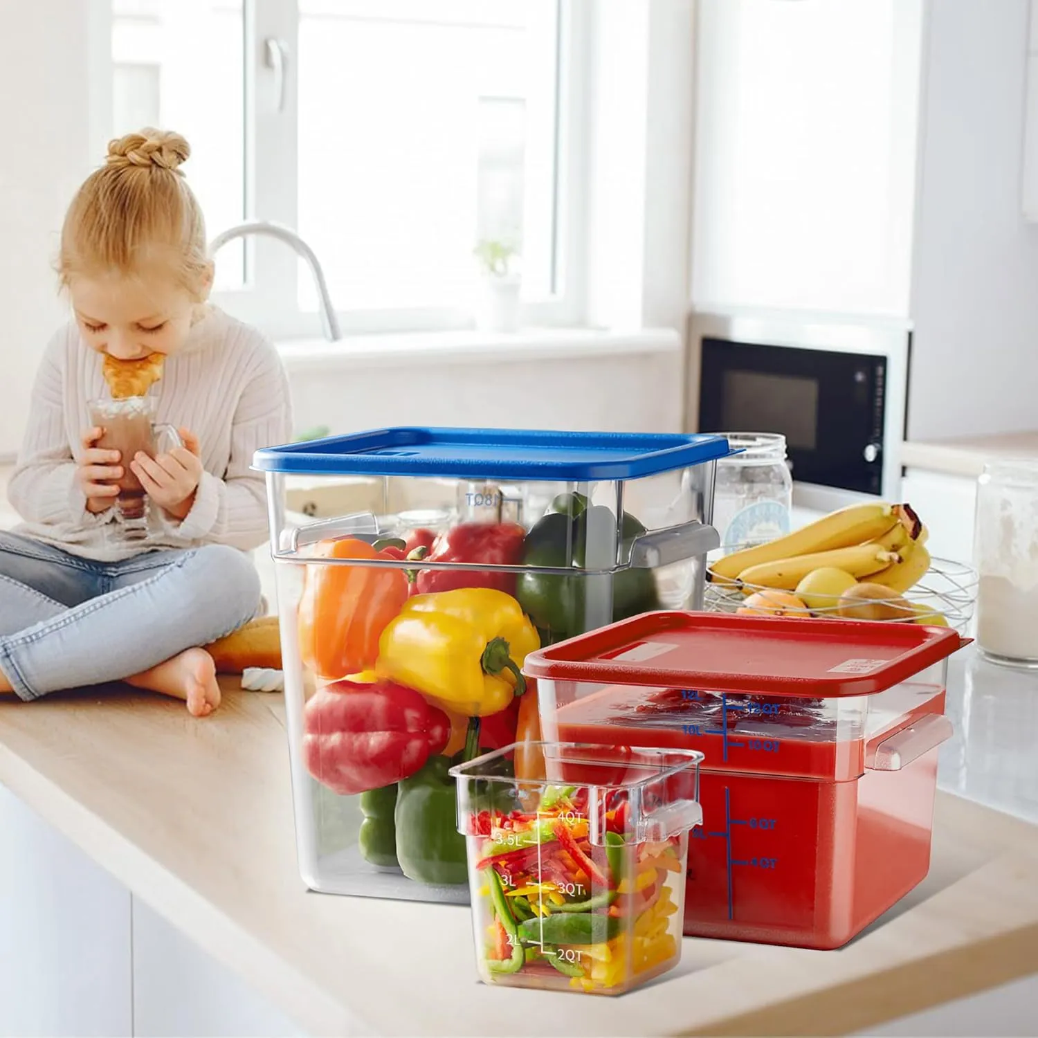4 Pack Food Storage Containers, 6 Quart with Lids, Square Commercial Containers with Scale, Clear NSF Food Organizing, Polycarbonate