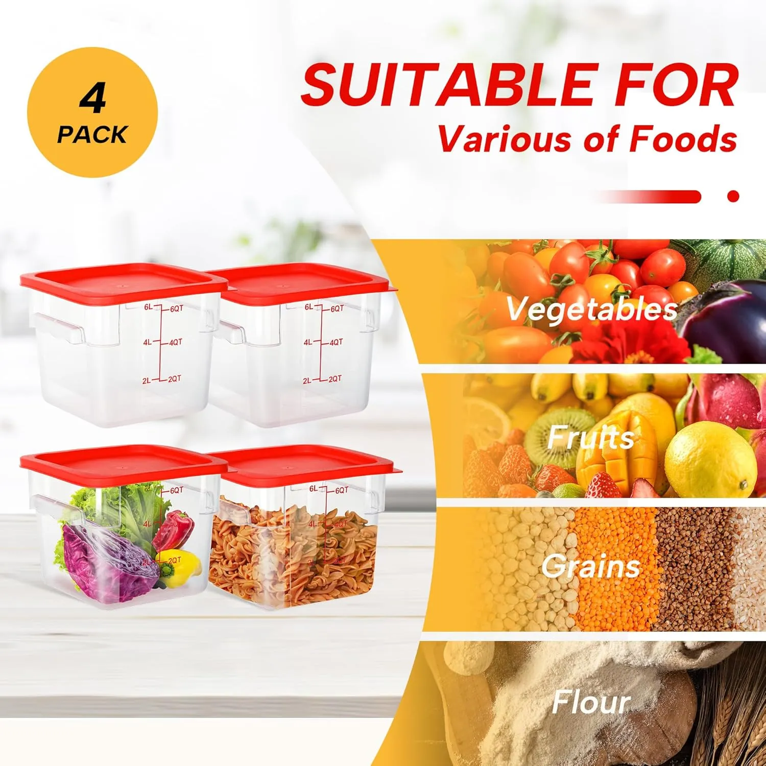 4 Pack Food Storage Containers, 6 Quart with Lids, Square Commercial Containers with Scale, Clear NSF Food Organizing, Polycarbonate