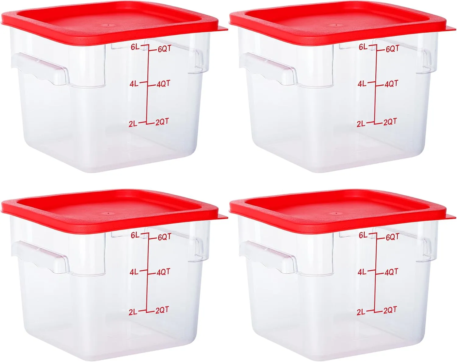 4 Pack Food Storage Containers, 6 Quart with Lids, Square Commercial Containers with Scale, Clear NSF Food Organizing, Polycarbonate