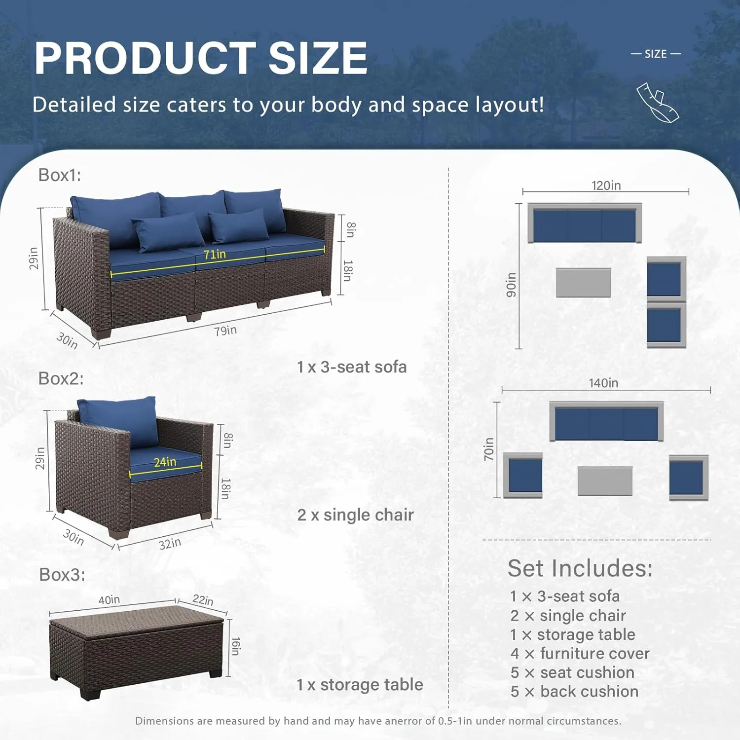 4 Pcs Patio Furniture Set - Outdoor Couch, Chairs, Storage Table - Navy Blue, No-Slip Cushions & Waterproof Covers