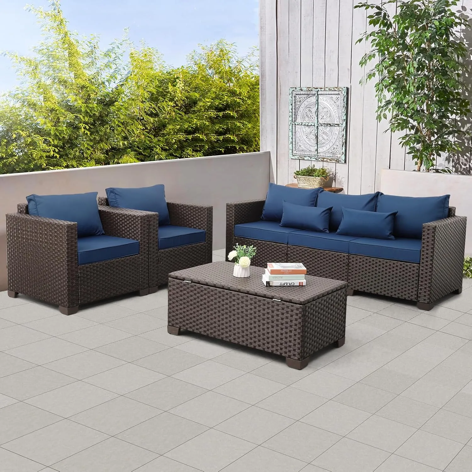 4 Pcs Patio Furniture Set - Outdoor Couch, Chairs, Storage Table - Navy Blue, No-Slip Cushions & Waterproof Covers