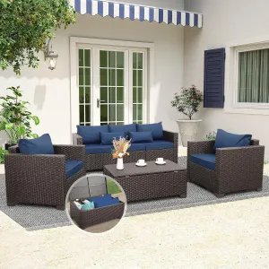 4 Pcs Patio Furniture Set - Outdoor Couch, Chairs, Storage Table - Navy Blue, No-Slip Cushions & Waterproof Covers