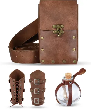 4 Pcs Renaissance Medieval Vintage Leather Belt Pouch Waist Bag Purse Faux Leather Arm Guards Bracers Cork Potion Bottle Set Halloween Costume Accessories for Cosplay Party DIY Craft(Brown)