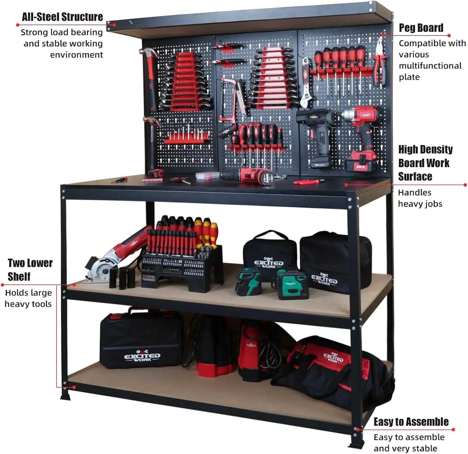 47 inch Multipurpose Workbench with Pegboard, Double Storage Platform and Tool Organizer for Garage Workshop
