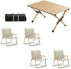 5-PCS Folding Camping Table Chairs Portable Outdoor Lawn Chairs and Aluminum Roll-up Table with Carrying Bag, Lightweight Picnic Table and Chairs for Patio Garden BBQ