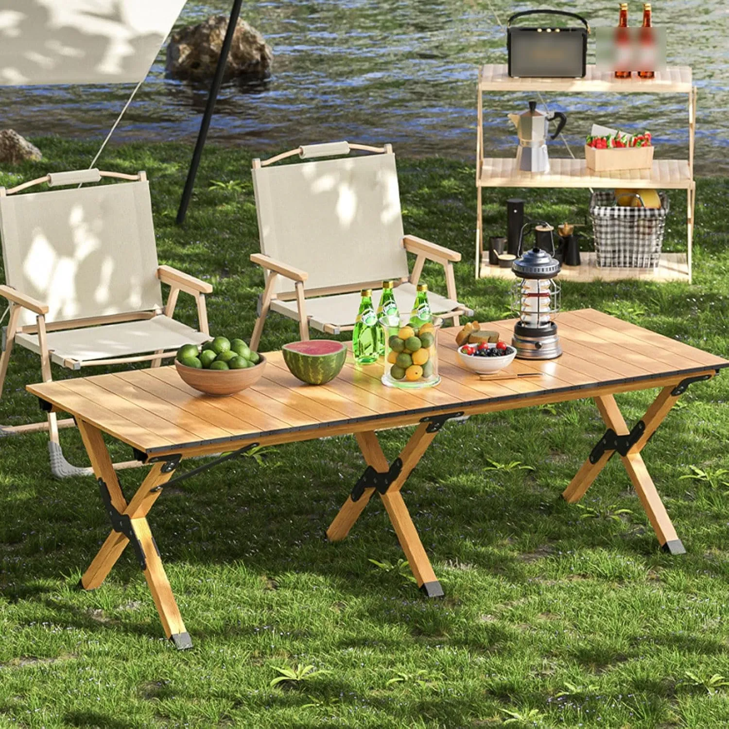5-PCS Folding Camping Table Chairs Portable Outdoor Lawn Chairs and Aluminum Roll-up Table with Carrying Bag, Lightweight Picnic Table and Chairs for Patio Garden BBQ