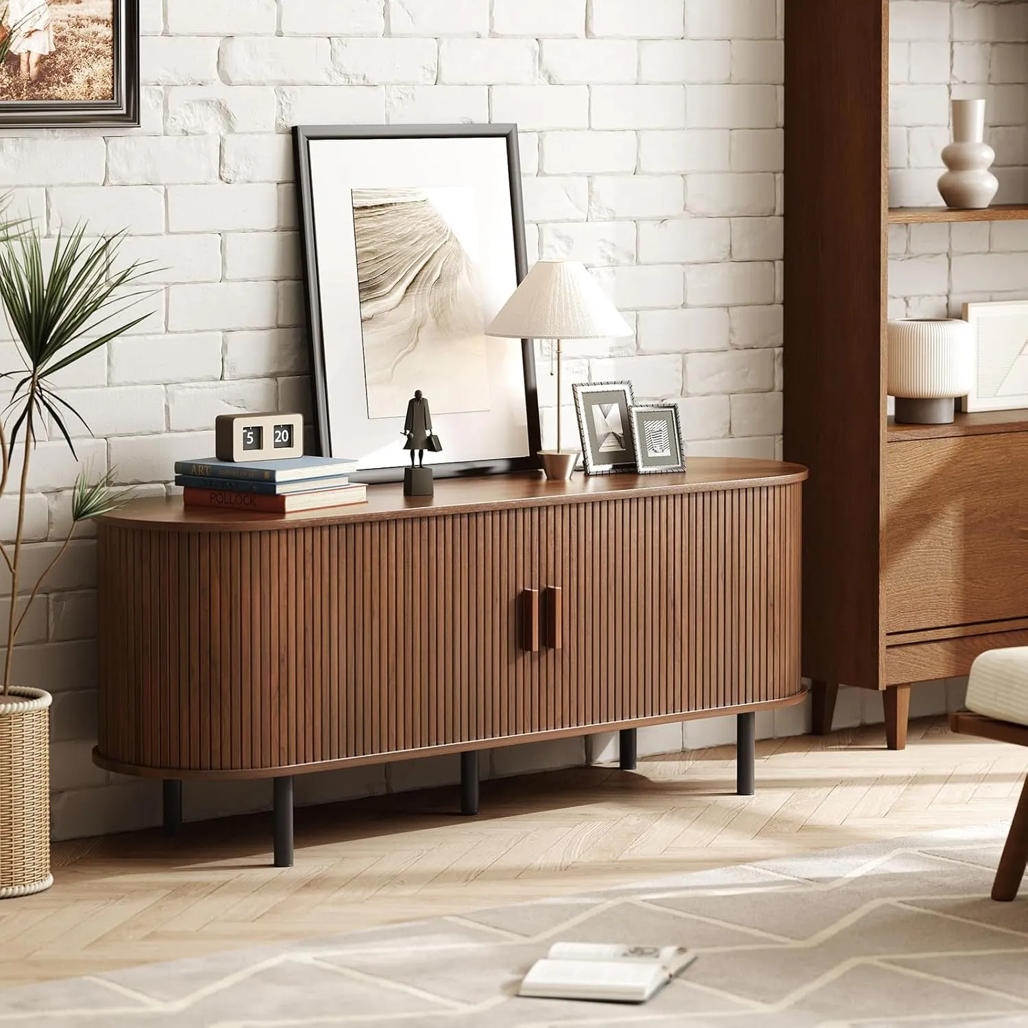 55" TV Stand with Power Outlet for TVs up to 60 Inch, Entertainment Center with Storage and Adjustable Shelves, Modern Media Console with Sliding Doors for Living Room, Walnut