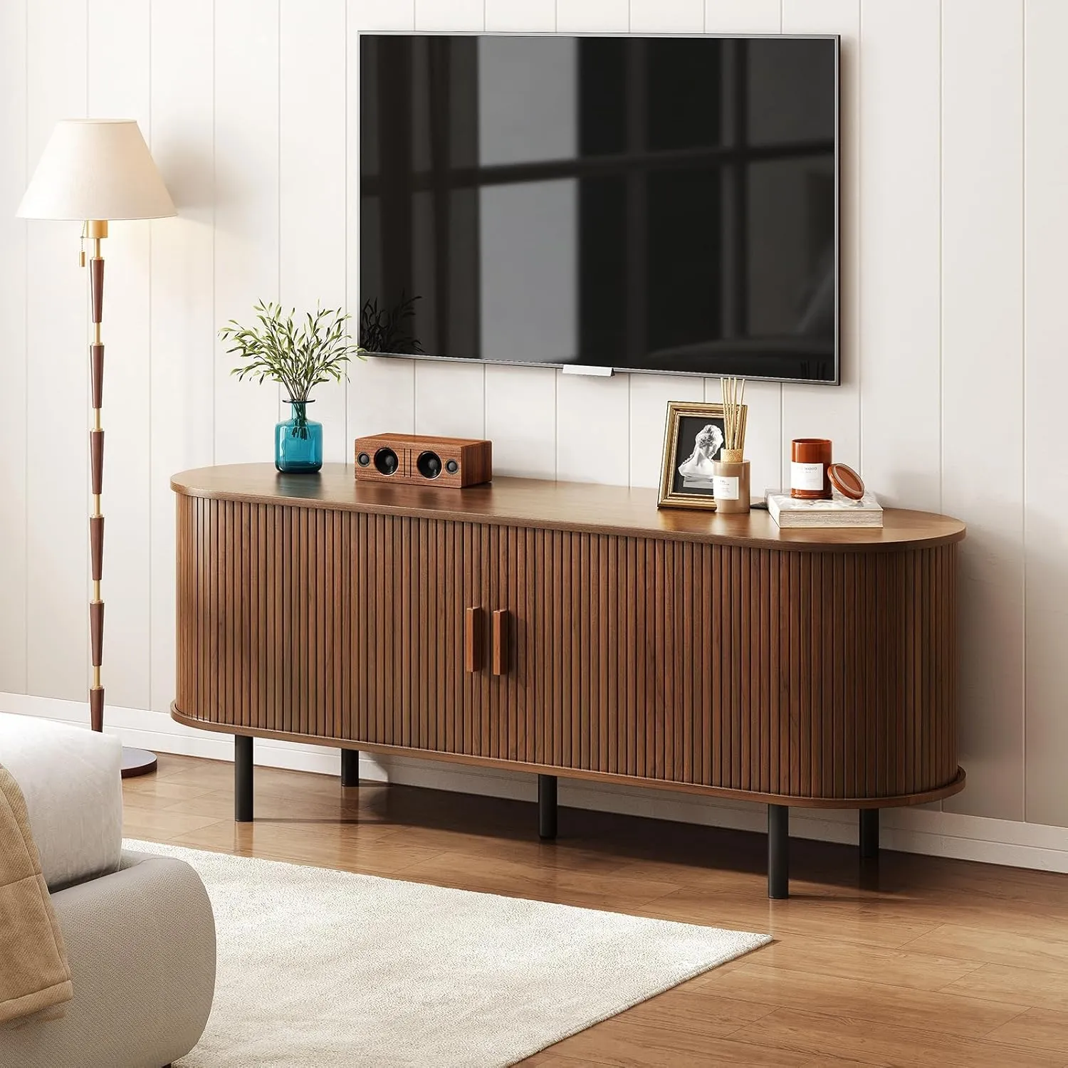 55" TV Stand with Power Outlet for TVs up to 60 Inch, Entertainment Center with Storage and Adjustable Shelves, Modern Media Console with Sliding Doors for Living Room, Walnut