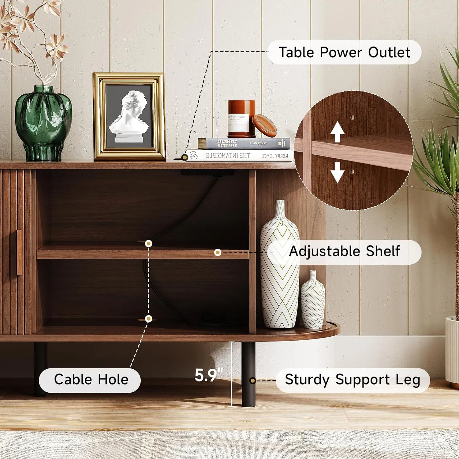 55" TV Stand with Power Outlet for TVs up to 60 Inch, Entertainment Center with Storage and Adjustable Shelves, Modern Media Console with Sliding Doors for Living Room, Walnut