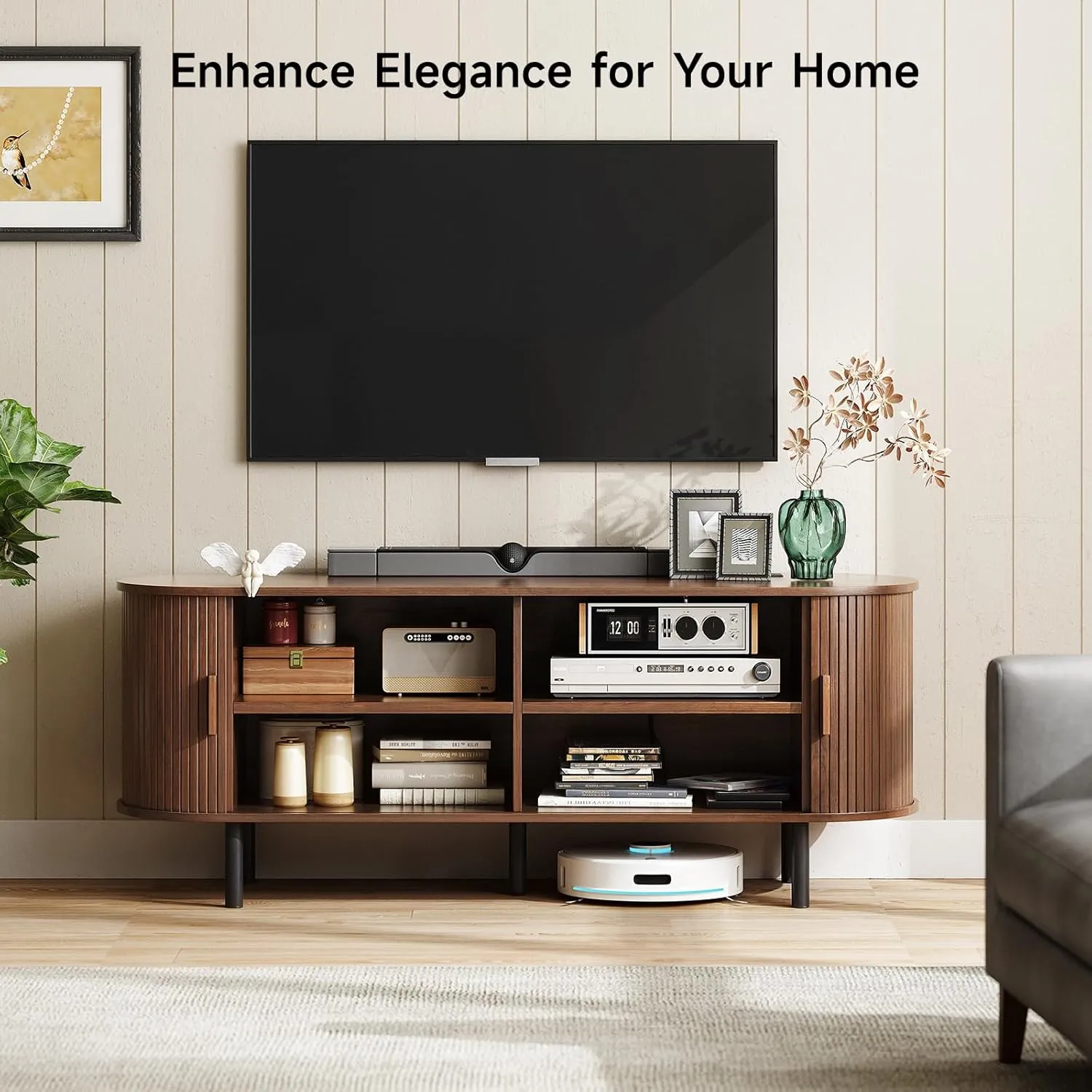 55" TV Stand with Power Outlet for TVs up to 60 Inch, Entertainment Center with Storage and Adjustable Shelves, Modern Media Console with Sliding Doors for Living Room, Walnut