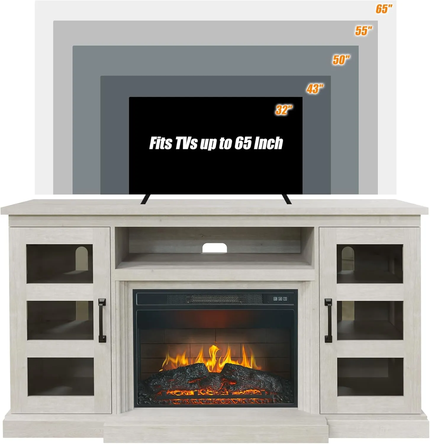 59 Inch TV Stand with 3D Fireplace, Modern Media Entertainment Center for TVs up to 65 Inch, Tv Console Table with Glass Barn Door & Storage Cabinets, Highboy, White