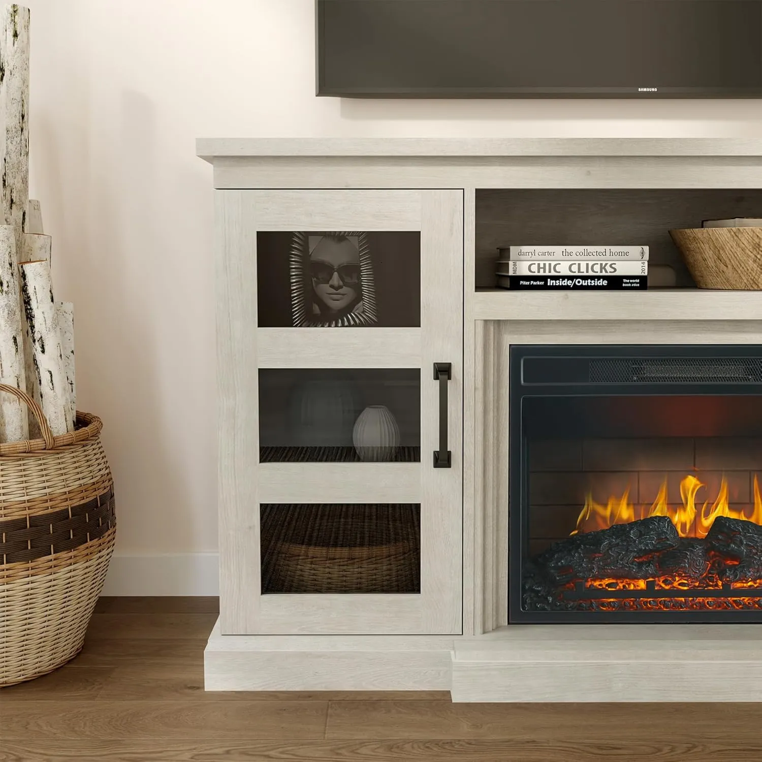 59 Inch TV Stand with 3D Fireplace, Modern Media Entertainment Center for TVs up to 65 Inch, Tv Console Table with Glass Barn Door & Storage Cabinets, Highboy, White