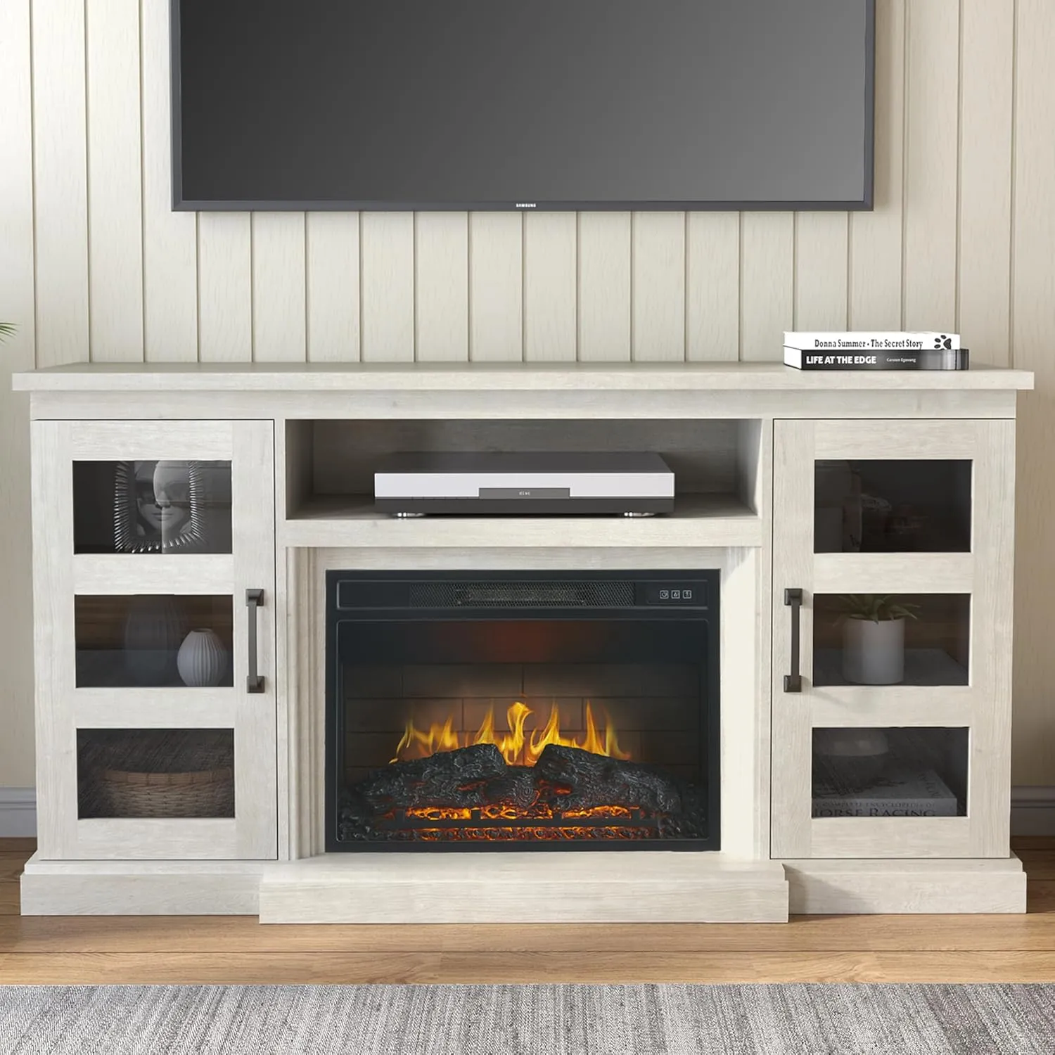 59 Inch TV Stand with 3D Fireplace, Modern Media Entertainment Center for TVs up to 65 Inch, Tv Console Table with Glass Barn Door & Storage Cabinets, Highboy, White