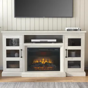 59 Inch TV Stand with 3D Fireplace, Modern Media Entertainment Center for TVs up to 65 Inch, Tv Console Table with Glass Barn Door & Storage Cabinets, Highboy, White