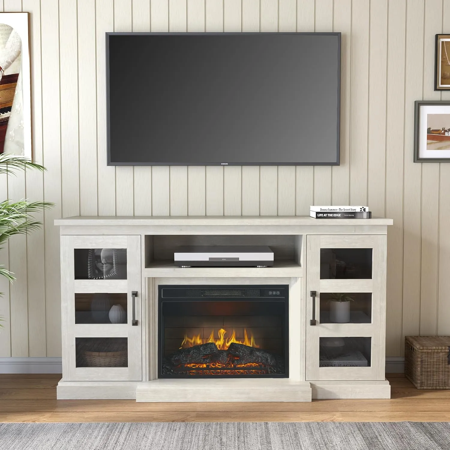 59 Inch TV Stand with 3D Fireplace, Modern Media Entertainment Center for TVs up to 65 Inch, Tv Console Table with Glass Barn Door & Storage Cabinets, Highboy, White