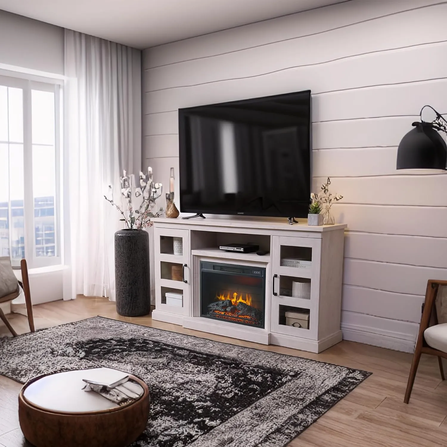 59 Inch TV Stand with 3D Fireplace, Modern Media Entertainment Center for TVs up to 65 Inch, Tv Console Table with Glass Barn Door & Storage Cabinets, Highboy, White